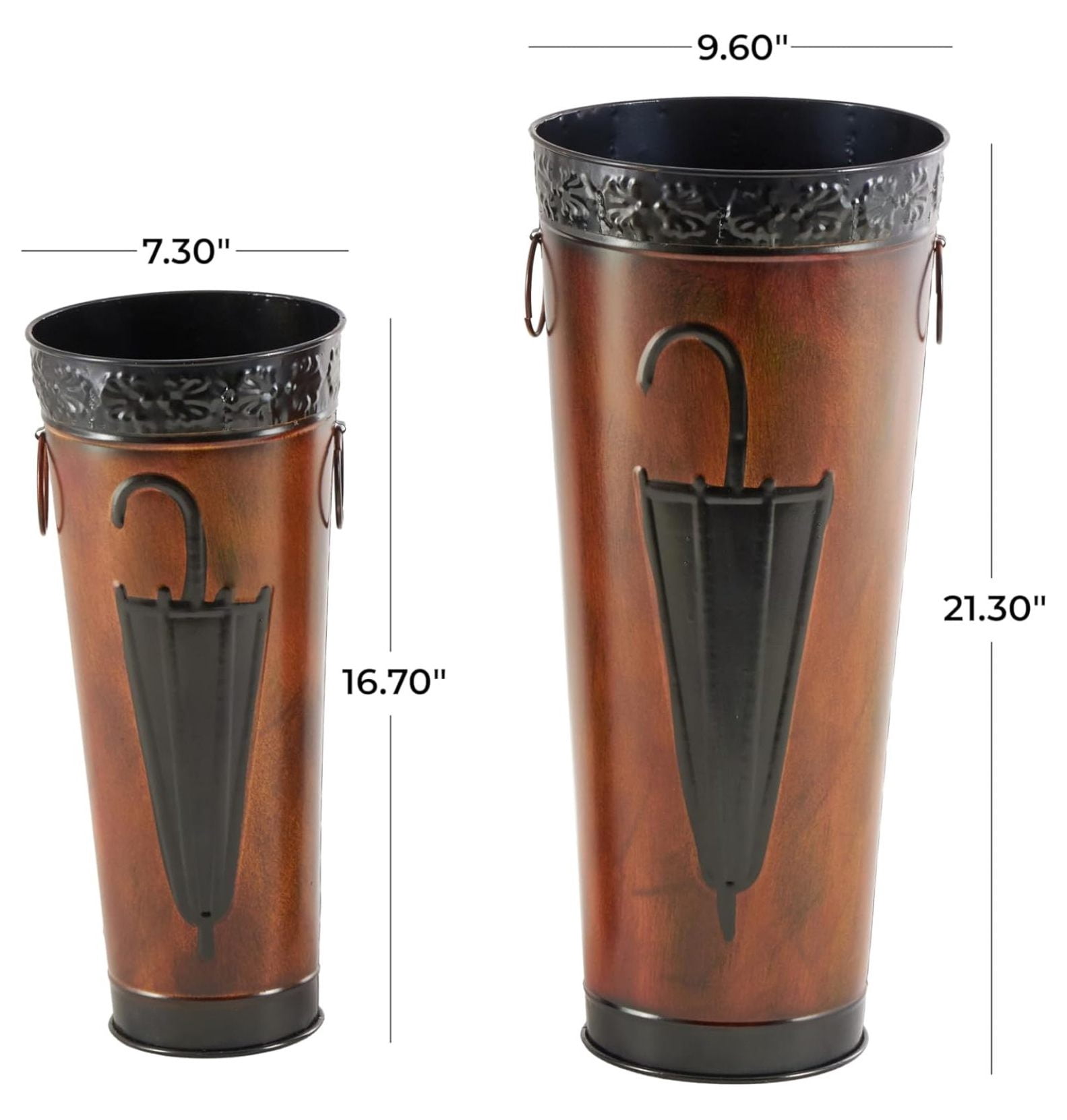 Metal Umbrella Stand with Umbrella Image and Handles, Set of 2 21", 17"H, Brown