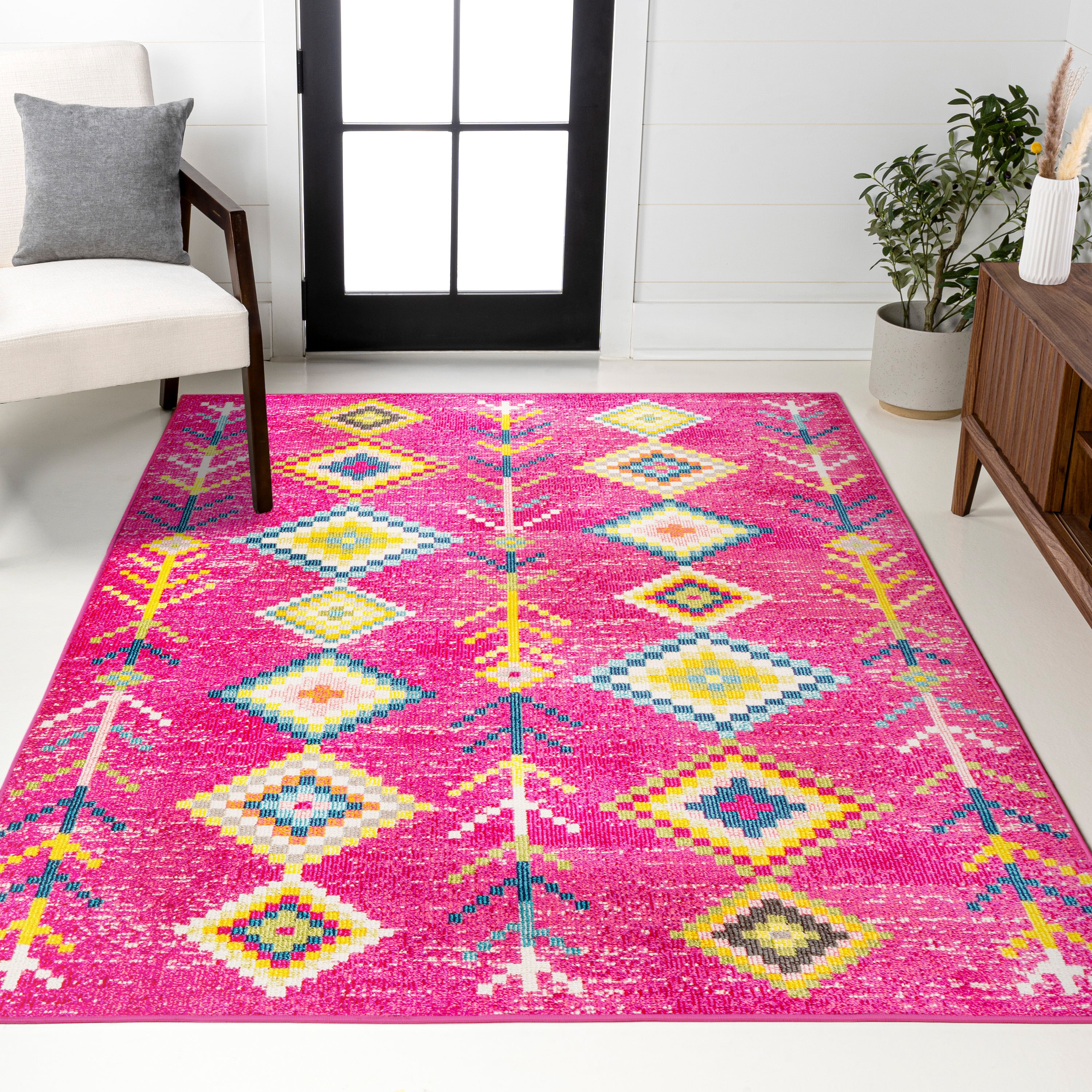 JONATHAN Y MOROCCAN HYPE 4 x 6 Area Rug, Tribal Love Geometric - Pink/Multi, MOH105B-4