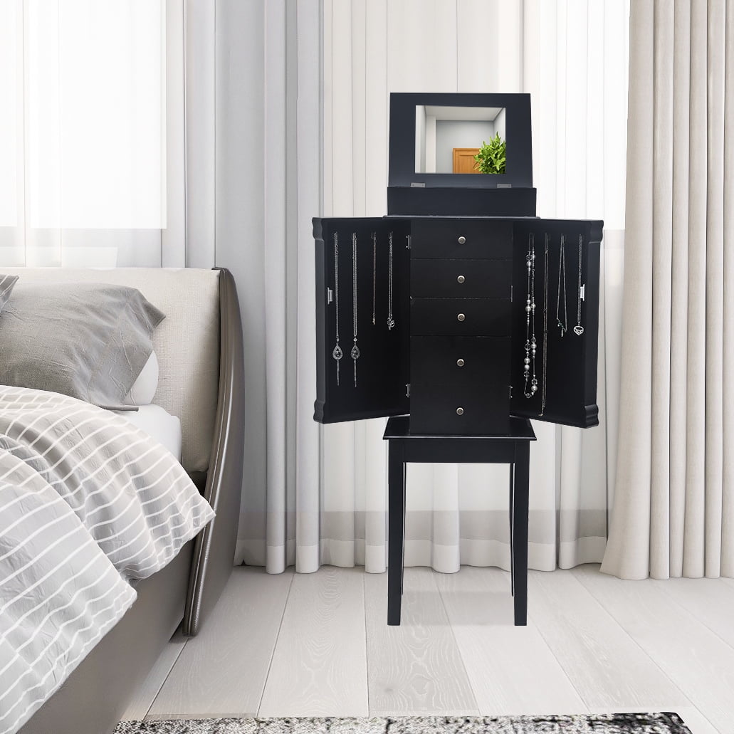 Jewelry Armoire with Mirror, Jewelry Cabinet Chest with Top Storage Organizer, 5 Drawers & 8 Necklace Hooks