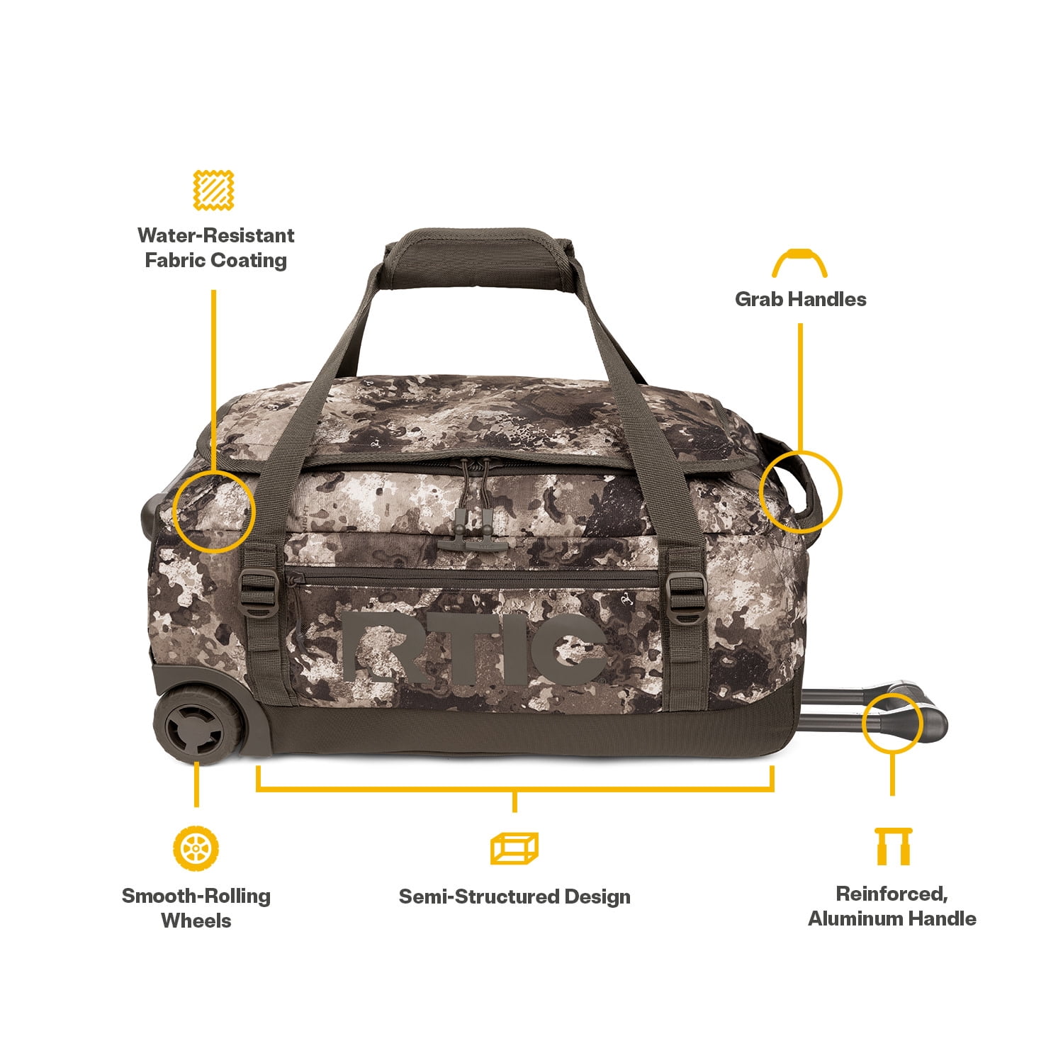 RTIC Road Trip Rolling Duffle Bag, Medium, Water-Resistant and Wheeled, Olive Midnight Camo