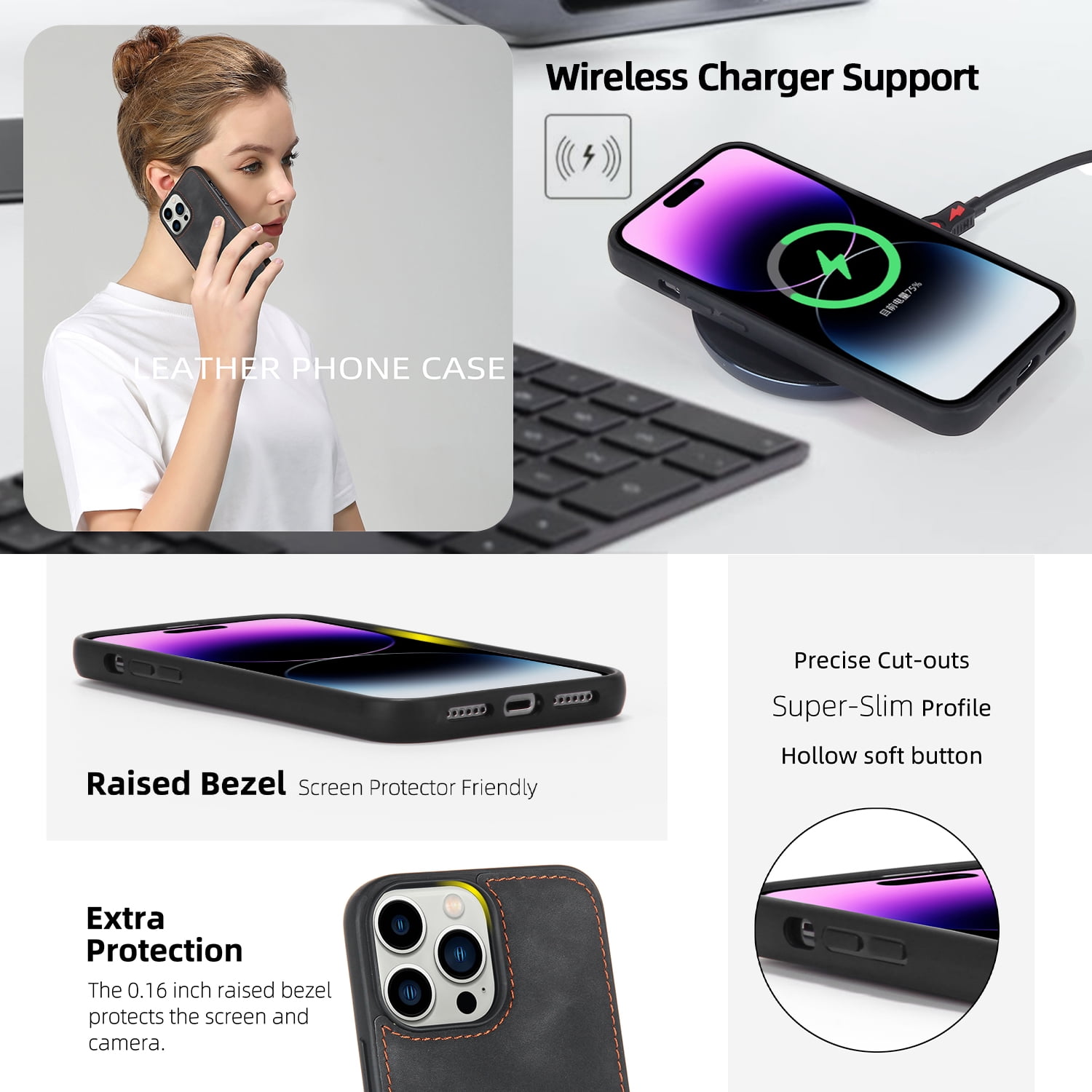 for iPhone 16 Plus Case, Wallet Case for Women Men, Durable PU Leather Magnetic Flip Lanyard Strap Wristlet Zipper Card Holder Wallet Phone Cases for iPhone 16 Plus, Black