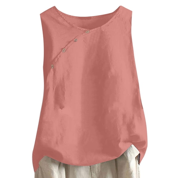 ALLLIST Pink Summer Tops for Women 2024 Solid Sleeveless Crew Neck Cotton and Linen Button Tank Tops Tank S