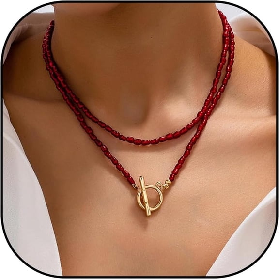 DESIGNICE Red Beaded Necklace for Women Choker Gold Toggle Clasp Layered Stack Dainty Statement Western Boho Trendy Summer Vacation Necklaces Birthday Jewelry Gifts