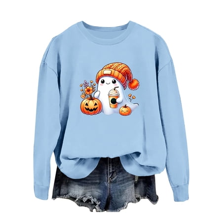 WEIWEN Halloween Sweatshirt Women Trendy Pumpkin Ghost Drinking Coffee Graphic Long Sleeve Shirt Women Spooky Fall Sweaters Women s Clothing Dark Blue L