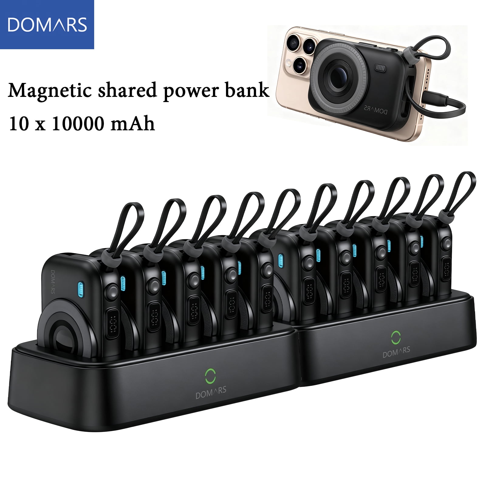 Domars 10pcs 10000mAh Magnetic Power Bank Set, 22.5W Fast Charging Portable Charger with Charging Base, Built-in Type-C & Lightning Cable, Strong Magnetic Adsorption for Home Office Travel