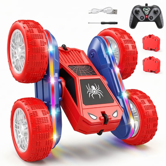 NEXKEX Spider-Themed Stunt RC Car for Kids, Double-Sided Remote Control Car with LED Lights Gift for Boys 3-12