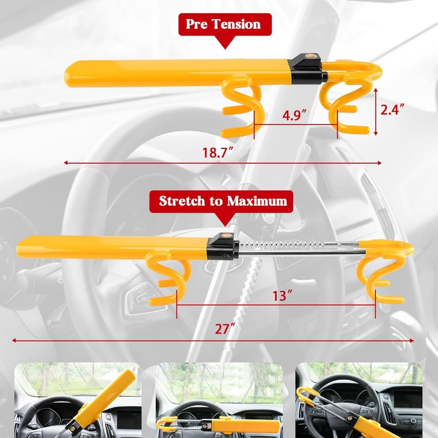 Steering Wheel Lock - Heavy Duty Antitheft Device and Car Security Lock with Adjustable Locking and 3 Keys - Great Vehicle and Truck Deterrent