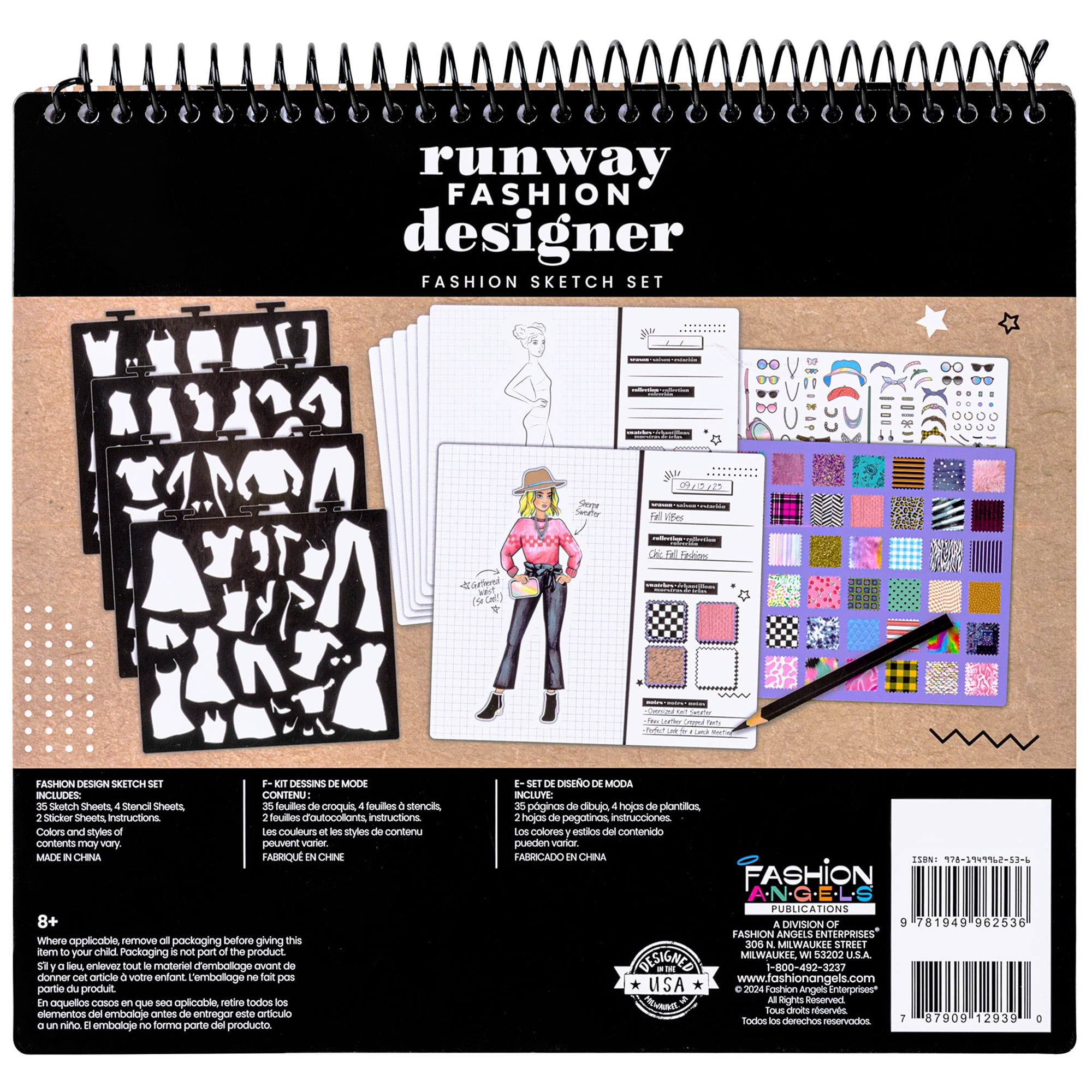 Fashion Angels: Runway Fashion Designer Sketch Set - 35 Sheet Portfolio Pad, Stencils & Stickers, Create Clothing Styles, Drawing & Activity, Kids 6+