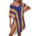 thumbnail image 1 of Besolor Robe de Plage pour Femmes, Crochet, Rayures Multicolores, Col en V, Tricot Ajouré, 1 of 3