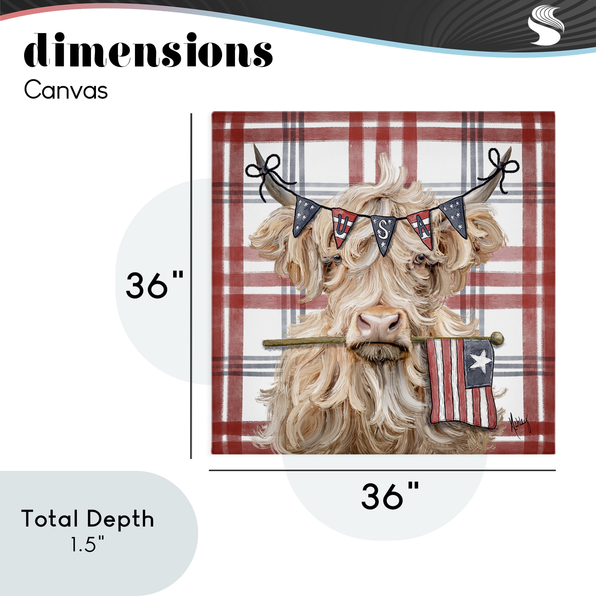 USA Plaid Highland Cattle Canvas Wall Art, design by Ashley Bradley