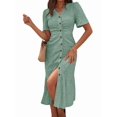 thumbnail image 3 of Womens V Neck Short Sleeve Solid Color Casual Dress Summer Chic Midi Dress Light Green M, 3 of 6