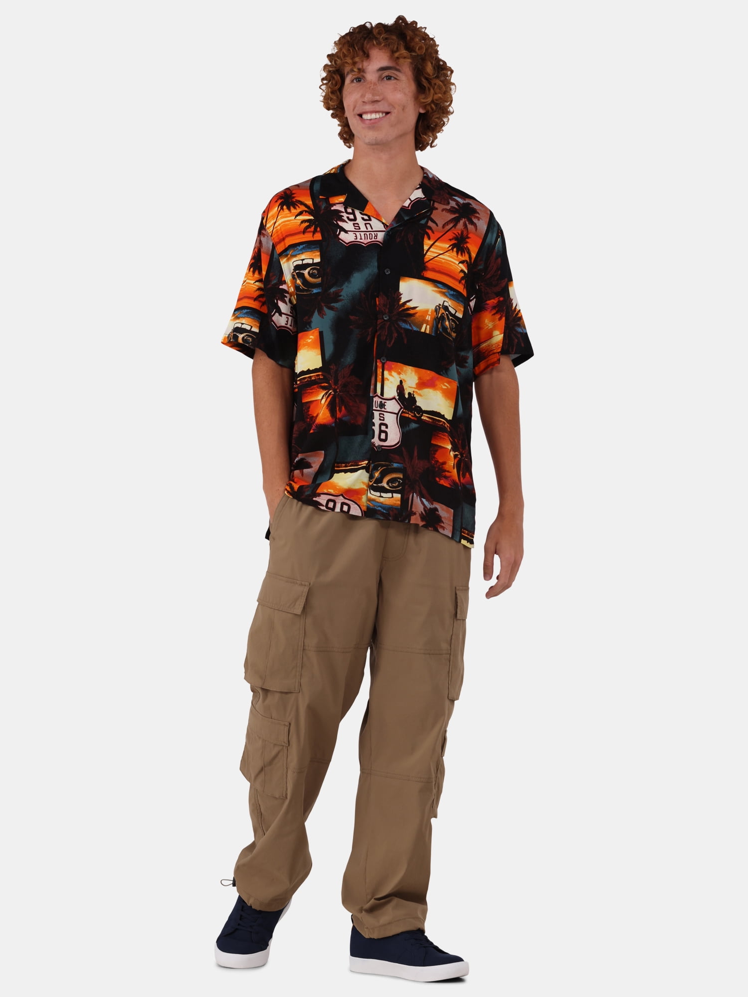 No Boundaries Printed Rayon Button Up Resort Shirt with Short Sleeves, Men's & Big Men's