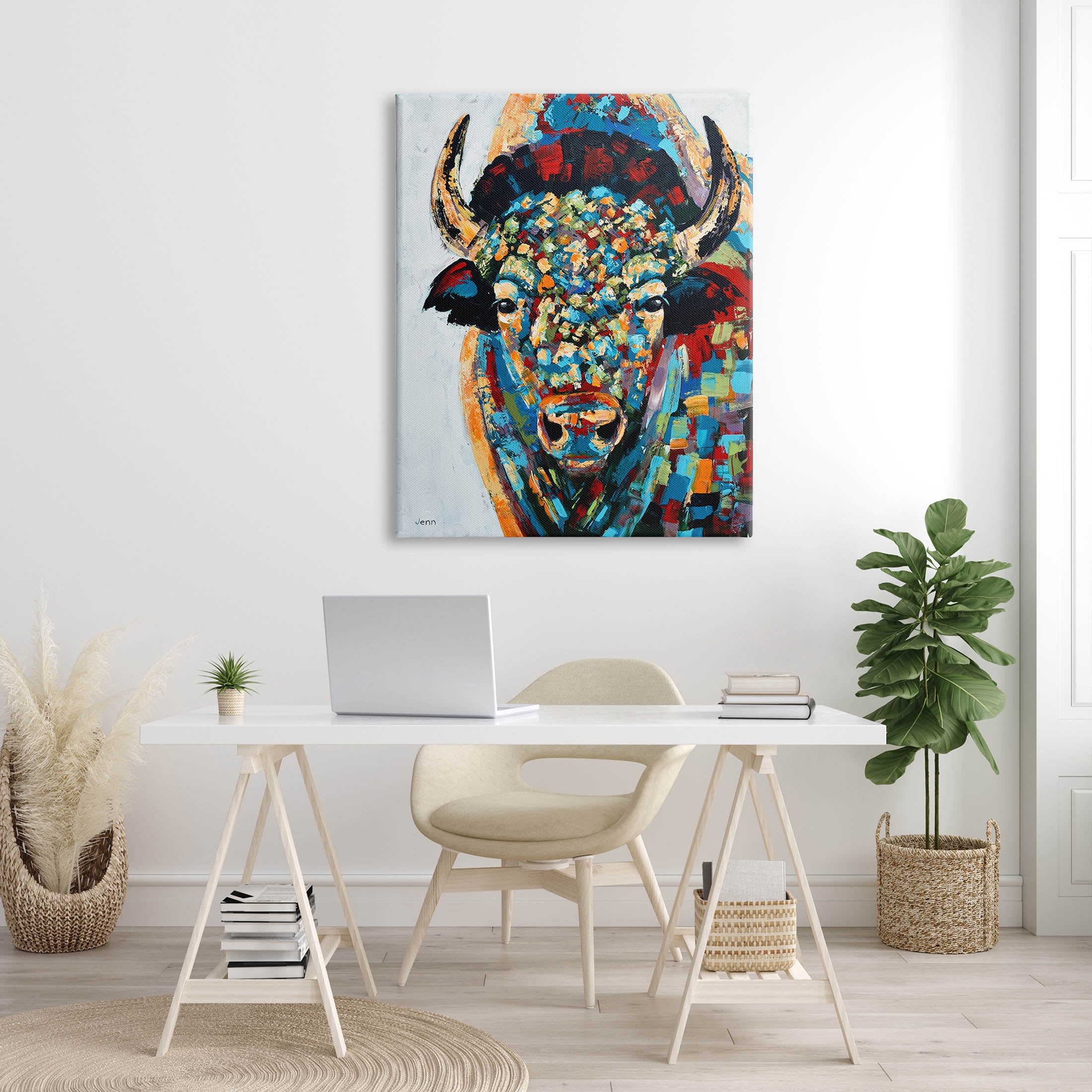 Abstract Bison Kaleidoscopic Strokes Animals & Insects Painting Gallery Wrapped Canvas Print Wall Art