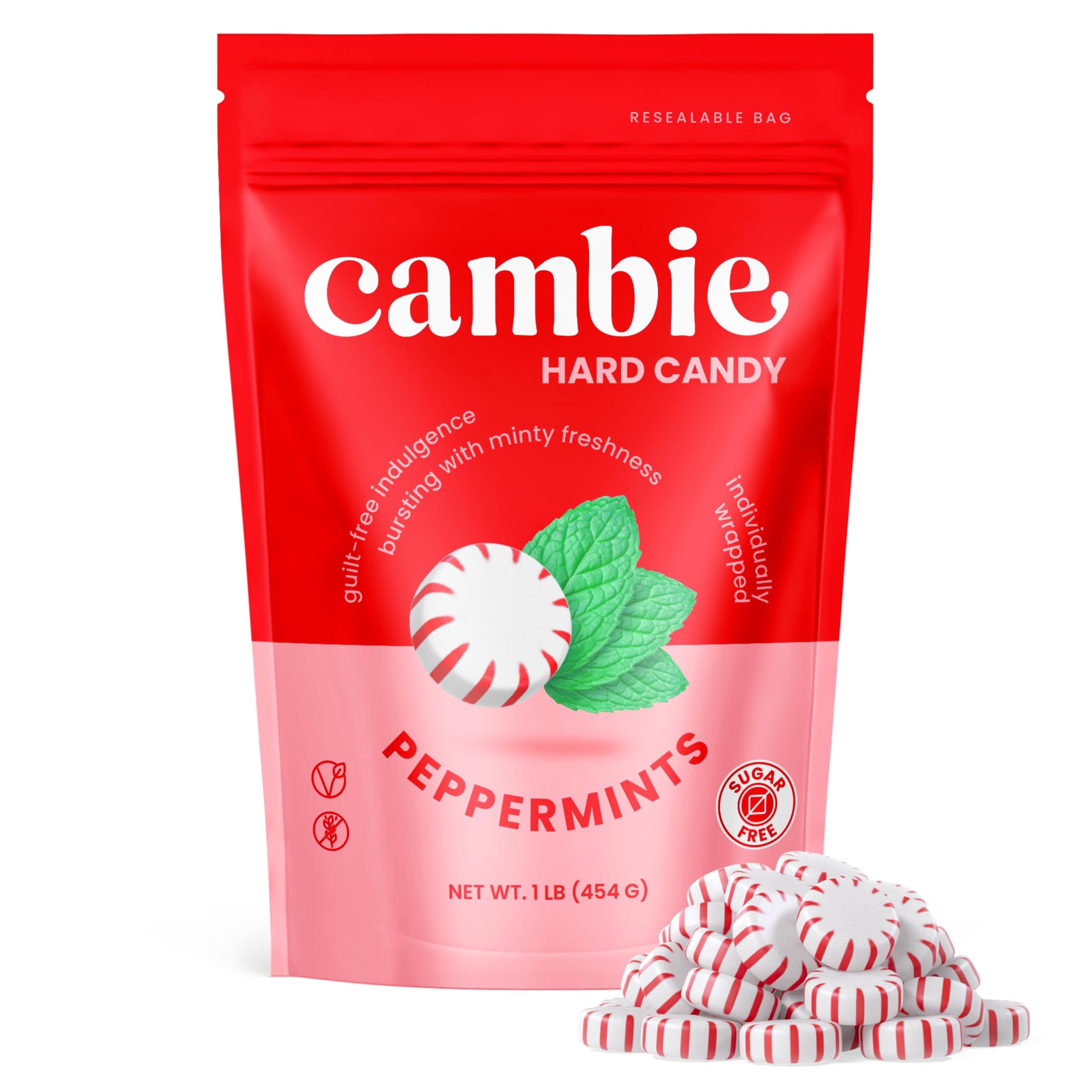 Cambie Sugar Free Mints, 1 MDA05&nbsp;lb of Sugar Free Hard Candy, Individually Wrapped Peppermints with a Refreshing & Sweet Mint Flavor, Packaged Fresh in a Resealable Pouch