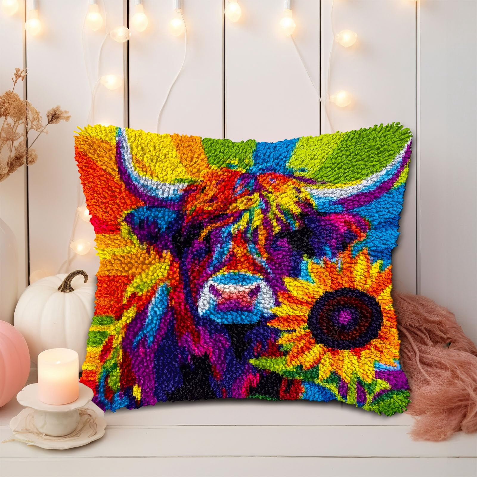 Rainbow Highland Cow and Sunflower DIY Latch Hook Pillow Kits for Adults Printed Pillowcase Crochet Yarns Hooking Handmade Pillow Cover Cushion for Home Sofa Decoration 17x17inch
