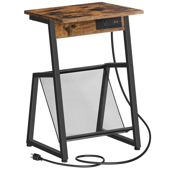 HOOBRO End Table with Charging Station & Magazine Rack, Rustic Brown and Black