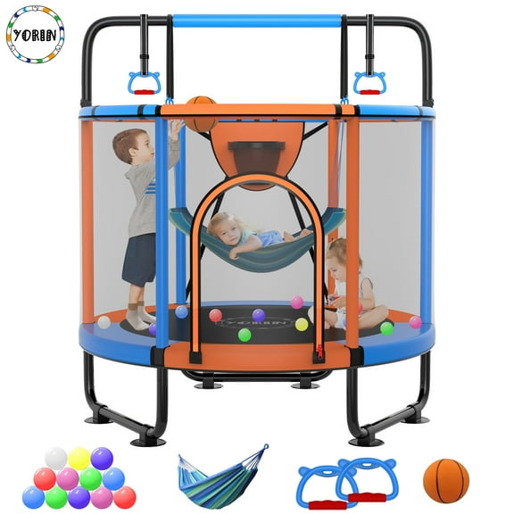YORIN Trampoline for Kids, 5FT Toddler Mini Trampoline with Enclosure Net, Basketball Hoop, 60'' Indoor/Outdoor Kids Trampoline with Swing, Adjustable Gymnastics Bars, Gifts for Boys & Girls, 600LBS