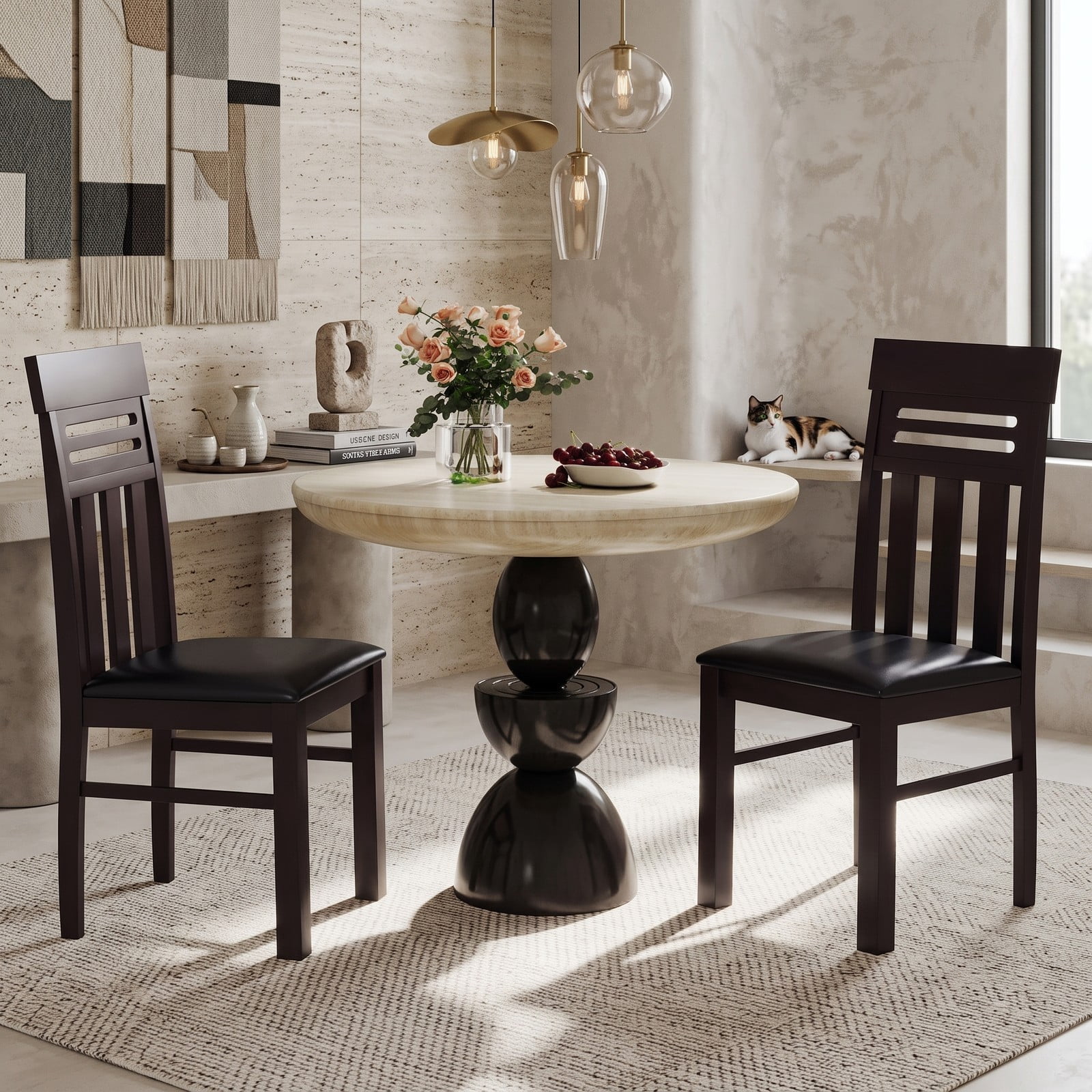 Furnibear Dining Chairs Set of 2, High Back Upholstered Kitchen Chairs with Rubber Wood Legs, PU Leather & Faux Linen Padded Dining Room Chairs, 330 lbs Capacity, Brown