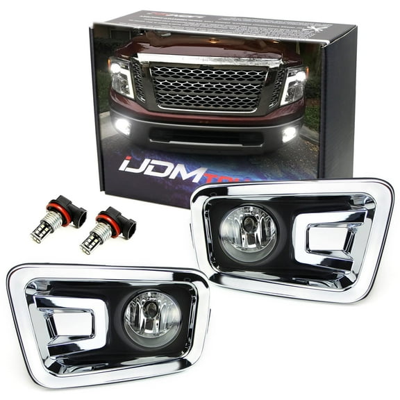 Clear Lens Fog Lights Foglamp Kit with Xenon White 15-SMD LED Bulbs, Bezel Covers, On/Off Switch, Wiring Relay For 2017-2019 Nissan Titan, Titan XD