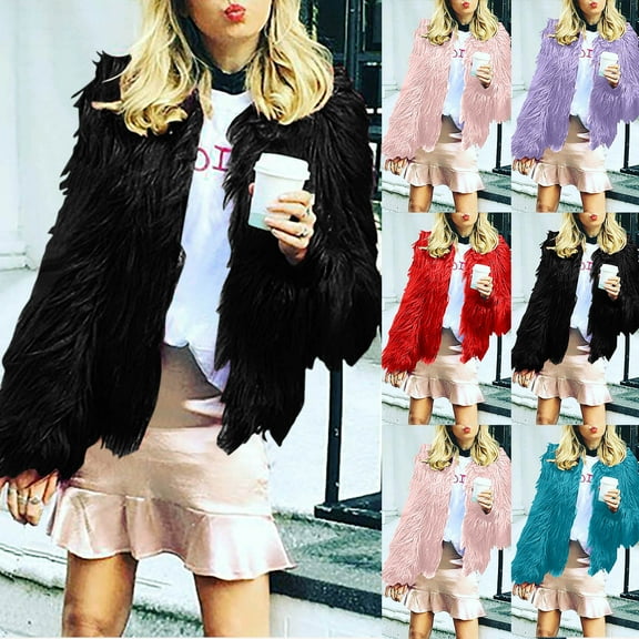 Lovskoo 2024 Womens Winter Coats Faux Fur Jacket Thick Warm Long Sleeve Open Front Cardigan Long Round Neck Jacket Purple