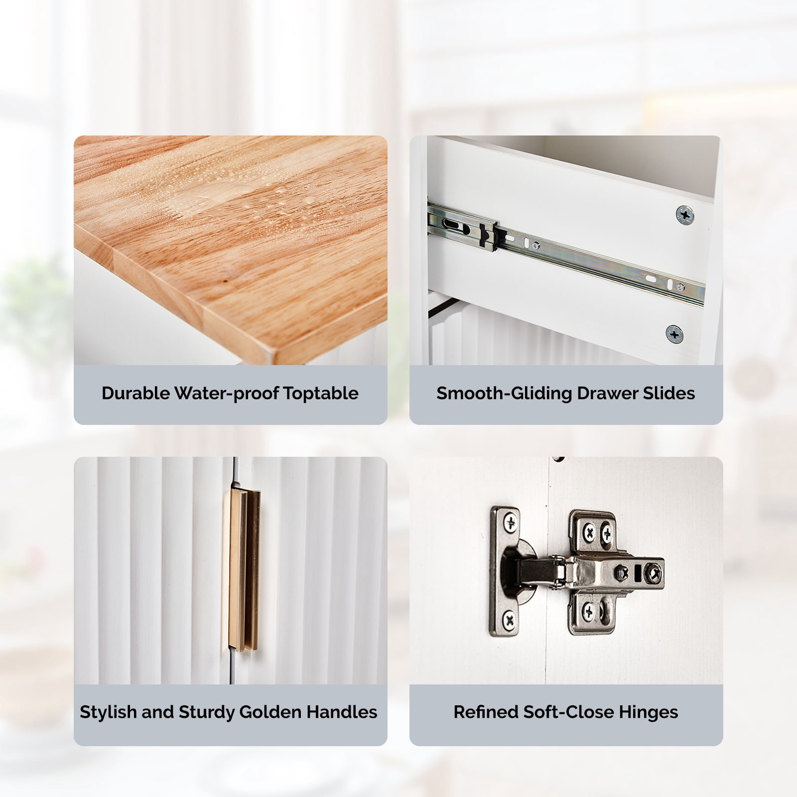 2-Door 1-Drawer Grille Food Cart Gold-Plated Aluminum Alloy Door Handles Vacuum-Formed Door Panels Rubberwood Countertop MDF Sideboard, 31.5*26.69*35.04in Oak