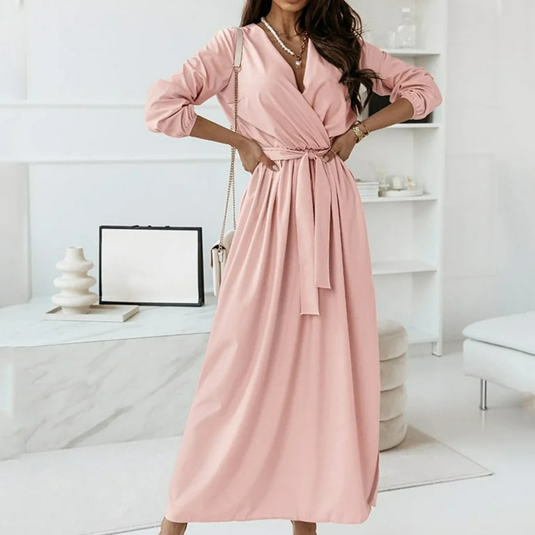 Women Fashion Long Dresses V-neck Elegant Soft Dress Long Sleeve Solid Color  Beautiful Casual Party Elegant Dress Womens Summer Dresses Long Cute Summer  Dresses for Women V Neck Long Sleeve Dress 