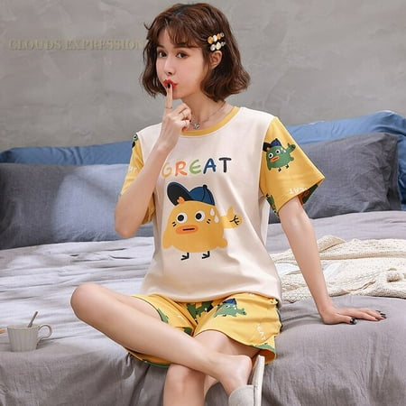 

QWZNDZGR Summer 100% Cotton Cartoon Print Couple Pajama Sets Pyjamas Kawaii Sleep Lounge Short Yellow Sleepwear Suits Pajamas for Lovers