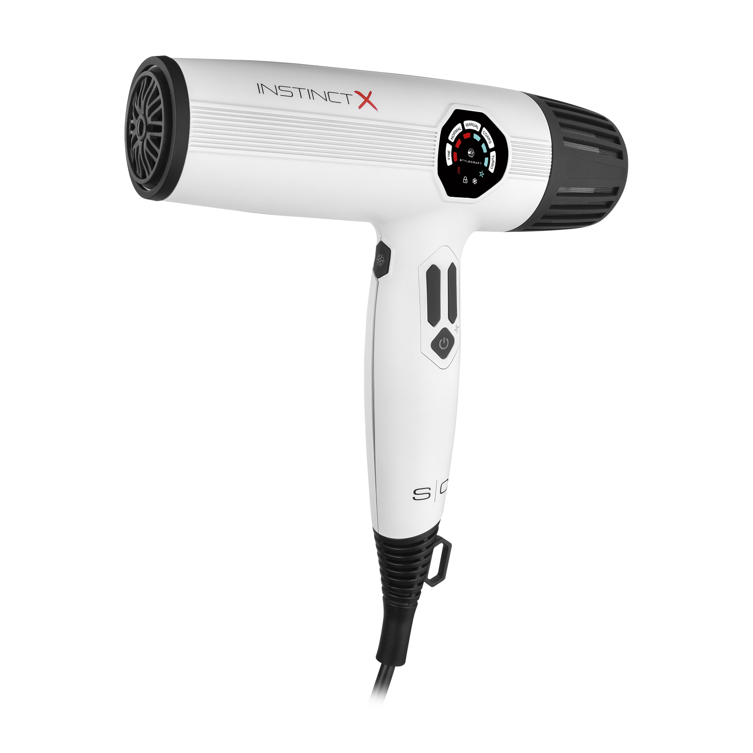 StyleCraft Instinct-X Professional Ionic Hair Dryer with Digital Display 2 Nozzles 1 Diffuser White