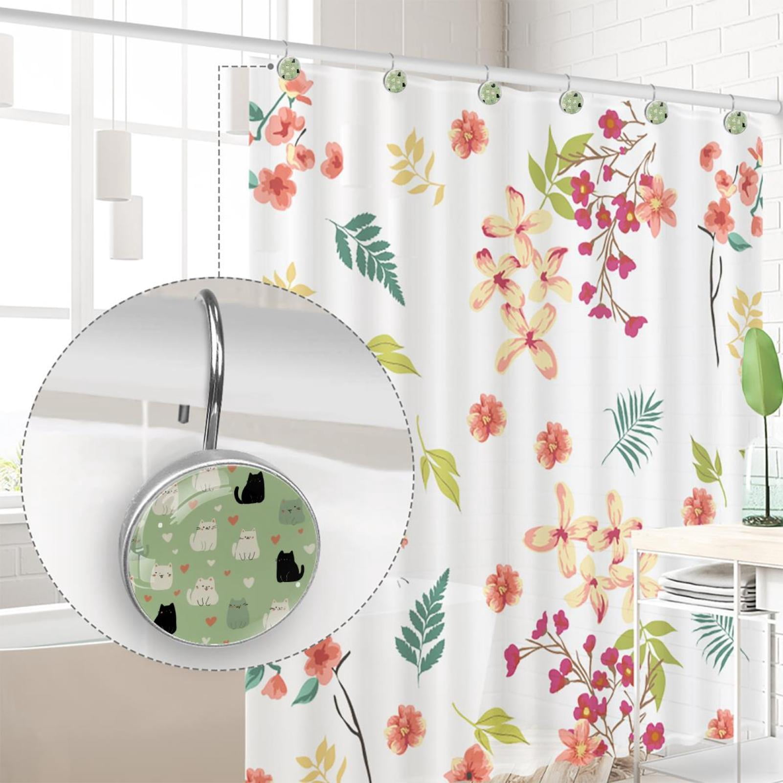 12pcs Decorative Shower Curtain Hooks, Rust Resistant Shower Rings for Bathroom Living Room,Rustproof Stainless Steel Rings for Shower Curtain and Liner Rods,Cats and Hearts Green