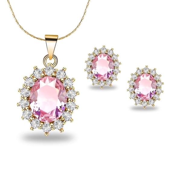18k Yellow Gold 3 ct Oval Pink Sapphire Necklace 18 in Plated by Paris Jewelry
