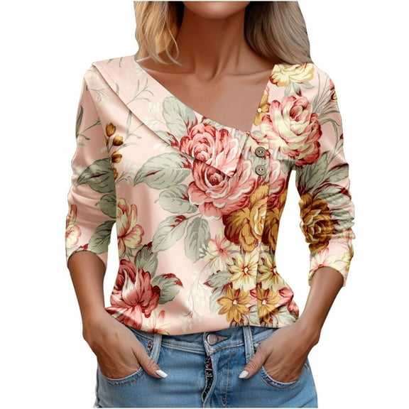 WRKEKC Long Sleeve Blouses for Women Floral Printed Asymmetrical V-Neck Button Detail Shirt for Women Casual Boho-Style Daily Wear Elegant Feminine Top