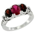 thumbnail image 1 of 14K White Gold Natural Quality Ruby & Garnet 3-stone Mothers Ring Oval Diamond Accent, size 6, 1 of 3