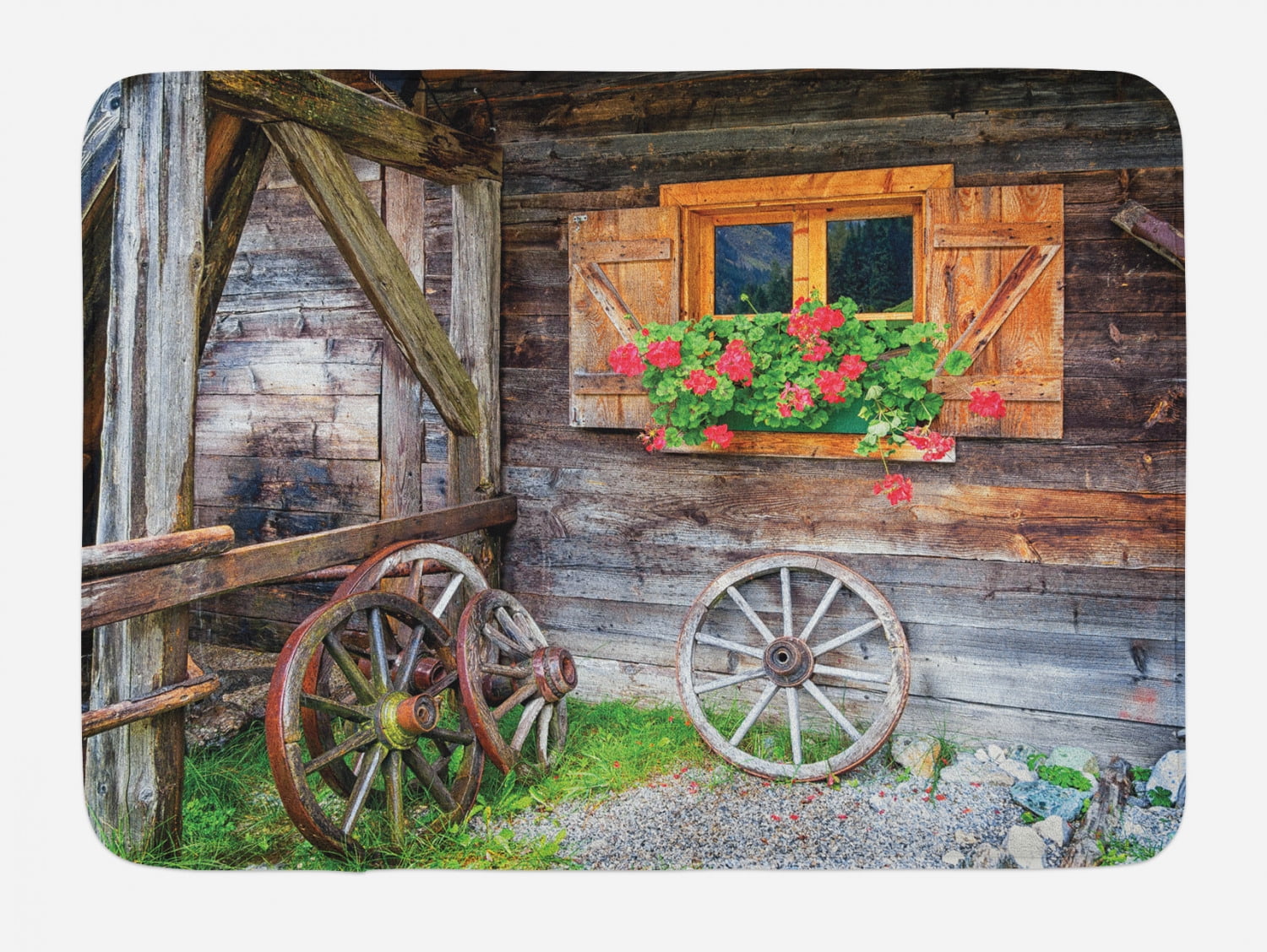 Shutter Mat Shutters Bath Mat, Weathered Window with Flowers in Pot Wheels ...