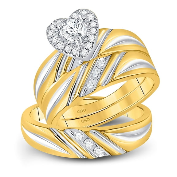 10K Yellow Gold His Hers Round Diamond Heart Matching Wedding Set 3/8 Cttw, Womens Size: 5-10, Mens Size: 7-13
