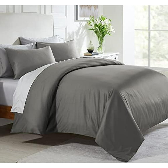 Cotton Duvet Cover King Size, 3 Piece Slate Grey Bedding Set, 100% Pure Cotton Sateen Weave, 400 Thread Count Comforter Cover & Two Pillow Shams with Button Closure, Corner Ties