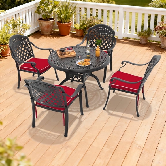 Hzzkey Outdoor Dining Table Set for 4, 39.37" Round Table with Umbrella Hole & 4 Stackable Cushioned Chairs, Red & Black