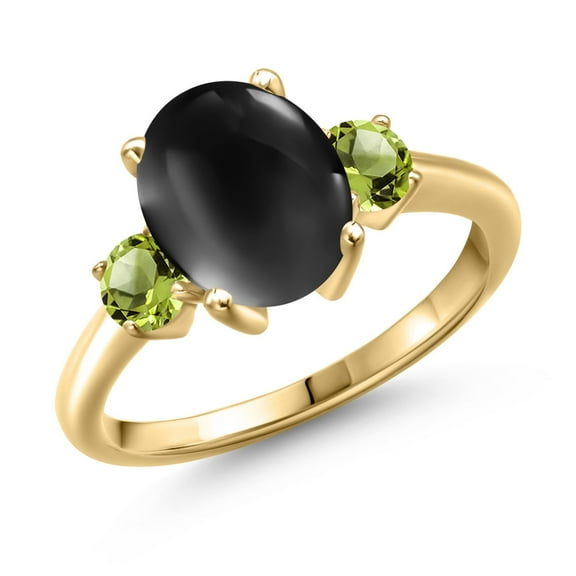 Gem Stone King 3.20 Ct Oval Cabochon Black Onyx Green Peridot 18K Yellow Gold Plated Silver Ring (Size 8)