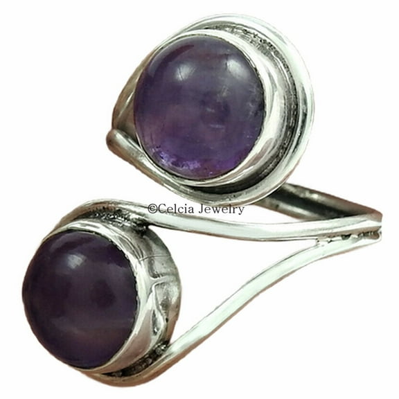 Natural Amethyst Adjustable Ring, Solid 925 Sterling Silver Ring, Two Stone Ring, Special Design Jewelry For Women, February Birthstone Ring, Stackable Ring, Purple Stone Round Ring (amethyst, 7)