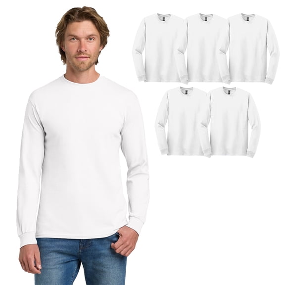 Gildan Men Long Sleeve Crewneck T-Shirt, Heavy Cotton Classic Fit 5 Pack Bulk White Tee, L