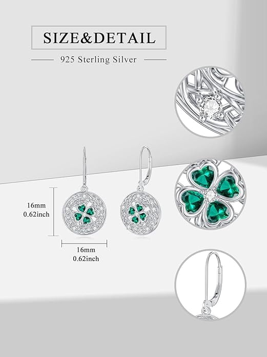 CACA LADY St Patricks Day Earrings Shamrock Earrings for Women 925 Sterling Silver Four Leaf Clover Earrings