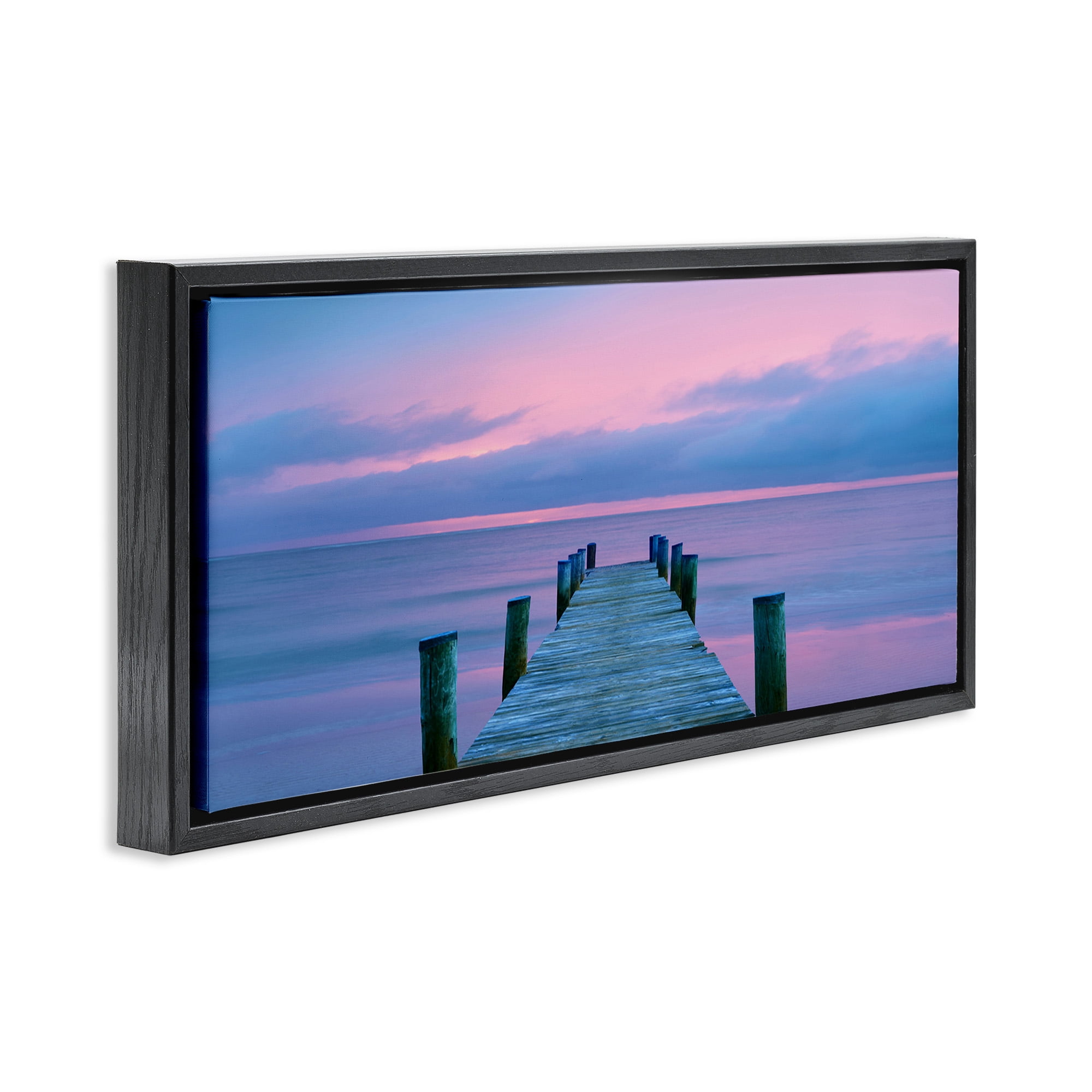 Stupell Industries Dock at Sunset Horizon Nature Photography Black Floater Framed Canvas Art Print Wall Art, 25 x 11