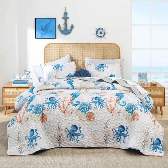 Juego de cama Weigelia Twin Coastal Quilt Ocean Blue
