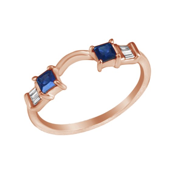 White Natural Diamond & Simulated Blue Sapphire CZ Solitaire Ring Wrap In 14k Rose Gold