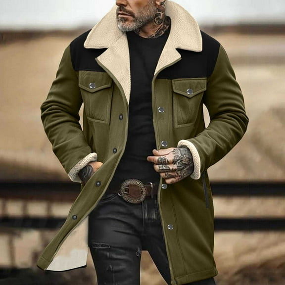 Cllios Suede Jacket for Men Warm Sherpa Lined Jacket Button Down Notched Lapel Trench Coat with Multiple Pockets Overesized Thick Fleece Trucker Jacket