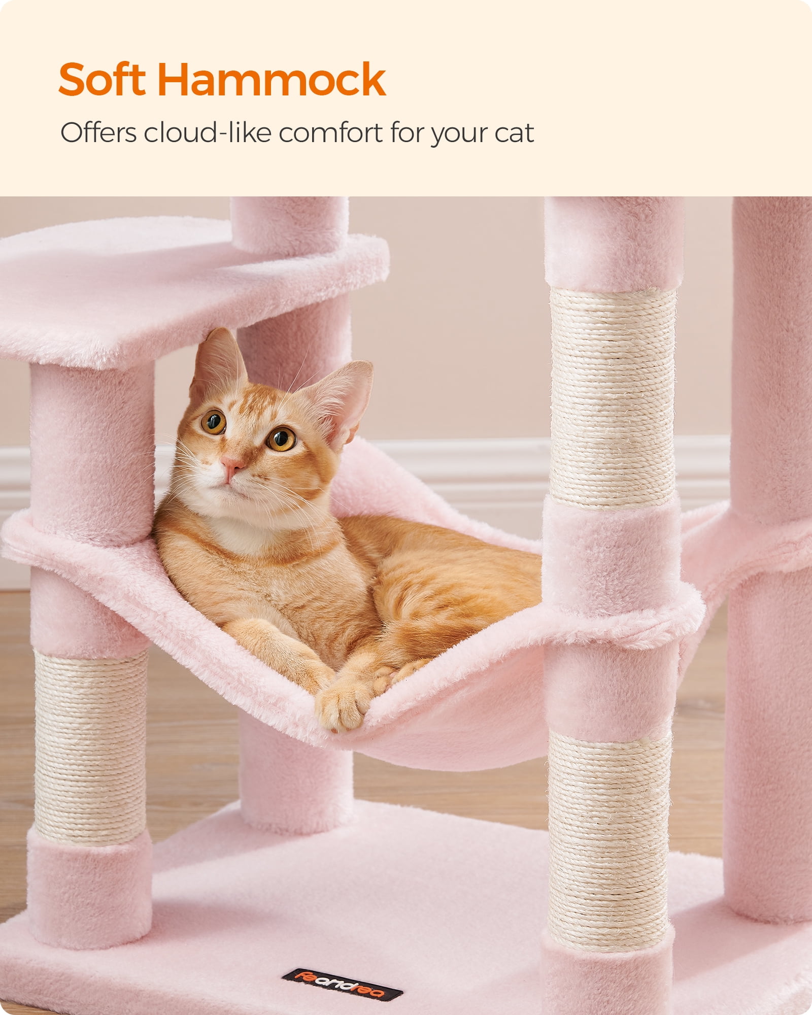 Feandrea 44.1' Cat Tree Tower for Indoor Cats ,Multi-Level Cat Condo Cat Furniture with Scratching Posts, Perches, Hammock, Cave ,Jelly Pink