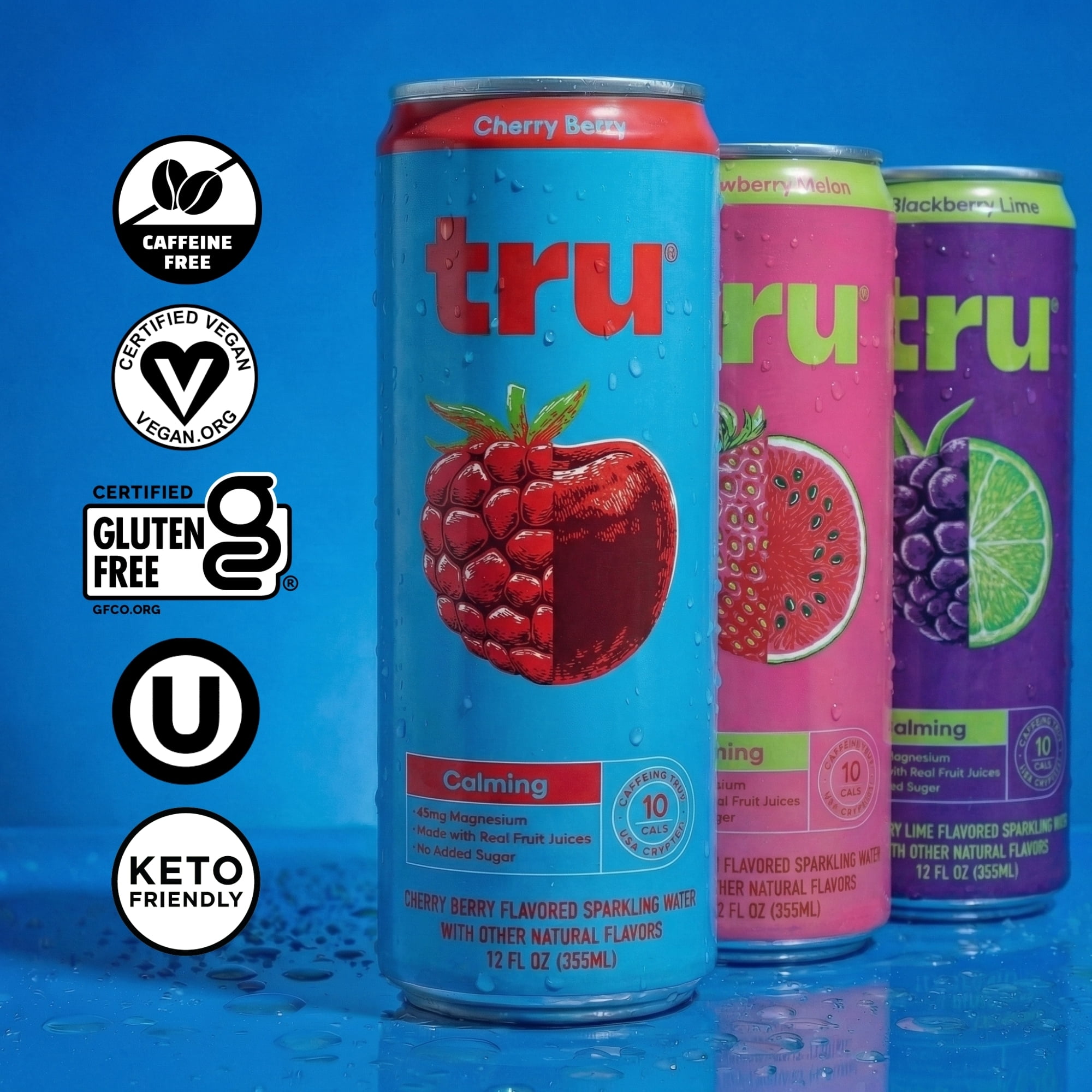 Tru Calming Drink Variety Pack, Magnesium Glycinate Sparkling Water with Real Fruit Juice, 3 Flavors, Caffeine Free, No Added Sugar, Keto, Vegan, Kosher, Gluten Free, 12 Fl Oz (Pack of 12)