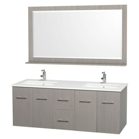 Wyndham Collection Centra 60 inch Double Bathroom Vanity in Gray Oak, White Man-Made Stone Countertop, Square Porcelain Undermount Sinks, and 58 inch Mirror