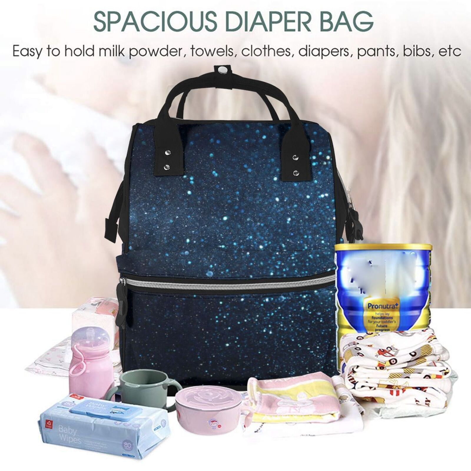 Ratiio Blue Glitter Retro Mummy Backpack - Waterproof Twill Canvas, Large Capacity Diaper Bag with Multiple Pockets and Adjustable Straps