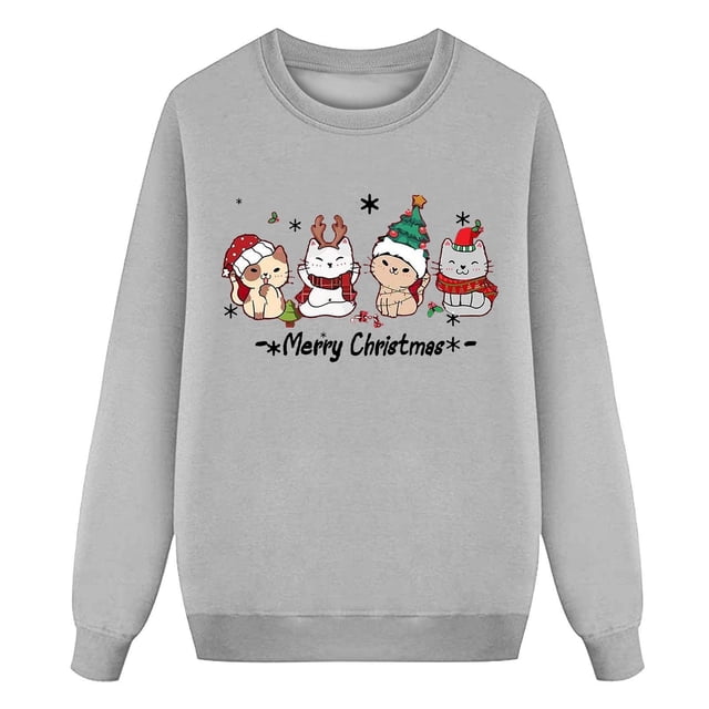 TIEVOSA Fille Décontractée Noël Mignon Chat Flocon de Neige Père Noël Typographie Graphique Col Rond Chemise à Manches Longues