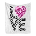 thumbnail image 1 of Love Soft Flannel Fleece Blanket, Vintage Zebra Motifs of Lettering and Hearts Pattern on Plain Backdrop, Cozy Plush for Indoor and Outdoor Use, 50" x 70", White Hot Pink and Black, by Ambesonne, 1 of 6